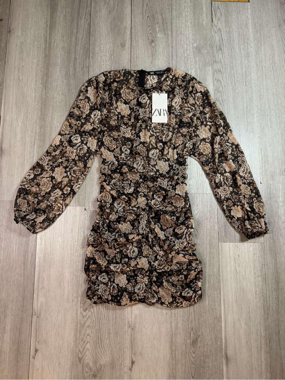 Zara Metallic Floral Chiffon Ruched Mini Dress Black Beige Long Sleeve M NWT